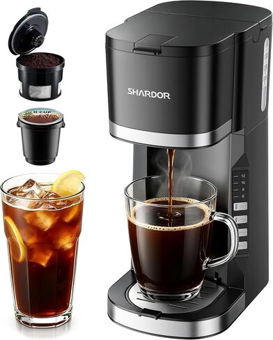 SHARDOR Mini Single Serve Coffee Maker for K-Cup Pods & Grounds, Hot & Iced | 6-12oz Brew Sizes, Compact Coffee Brewer with Adjustable Removable Drip Tray for Home, Office, Dorm, RV & Travel, Black in Saudi Arabia