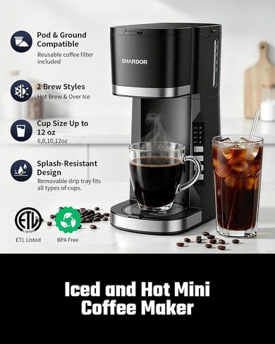 SHARDOR Mini Single Serve Coffee Maker for K-Cup Pods & Grounds, Hot & Iced | 6-12oz Brew Sizes, Compact Coffee Brewer with Adjustable Removable Drip Tray for Home, Office, Dorm, RV & Travel, Black in Saudi Arabia