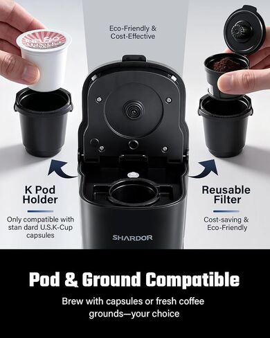 SHARDOR Mini Single Serve Coffee Maker for K-Cup Pods & Grounds, Hot & Iced | 6-12oz Brew Sizes, Compact Coffee Brewer with Adjustable Removable Drip Tray for Home, Office, Dorm, RV & Travel, Black in Saudi Arabia