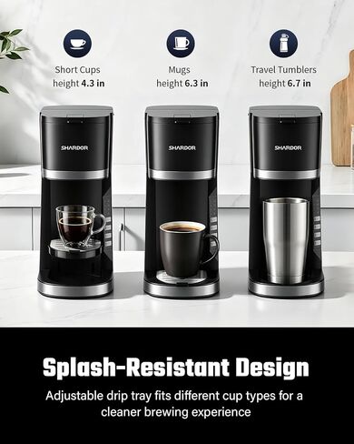 SHARDOR Mini Single Serve Coffee Maker for K-Cup Pods & Grounds, Hot & Iced | 6-12oz Brew Sizes, Compact Coffee Brewer with Adjustable Removable Drip Tray for Home, Office, Dorm, RV & Travel, Black in Saudi Arabia