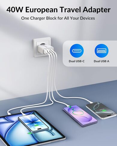 European Travel Plug Adapter, 40W 4-Port US to Europe EU USB C Wall Charger | Type C Fast Charging Block, International Power Adaptor, for iPhone 17 16 15 14 13 12 Pro Max iPad Galaxy, Travel Essentials in Saudi Arabia
