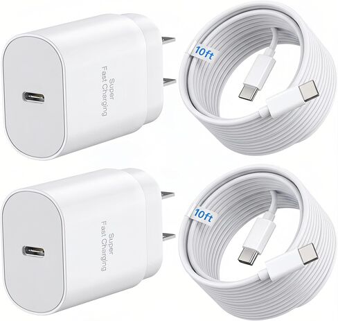 25W Super Fast Charger, USB C Block & Type C Charge Cable Cord (6ft & 10ft) | PD 3.0 for Android Charger, and Compatible with Samsung Galaxy S26, S25, S24, S23, & for iPhone 15/16/17-(Black 2-Pack) in Saudi Arabia