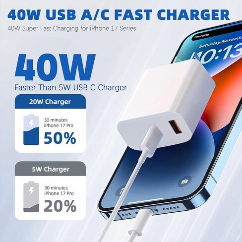 iPhone 17 16 15 Charger Fast Charging,40W Dual Port A/C Phone Charger Fast Charging USB C Wall Charger Block Quick 10FT Type C Charging Cable for iPhone 17/17 Pro Max/17 Air/16 Pro/16e/15 Plus/15 Pro in Saudi Arabia