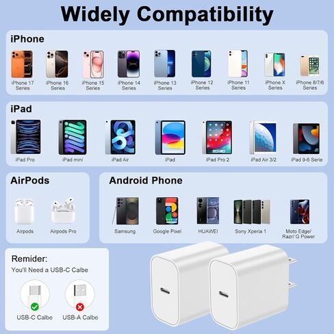 USB C Charger Block, 2Pack for iPhone 17 16 Fast Charging Plug Adapter | for Apple 20W Type C Power Box for iPhone 17 16 15 14 13 12 11 Pro Max XS X XR SE Plus, for iPad USBC Wall Charge Cube Brick in Saudi Arabia