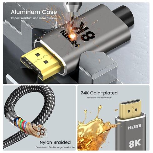 كابل 8K USB C إلى HDMI بطول 6 أقدام، 8K@60 هرتز 4K@240 هرتز، HDMI 2.1 48 جيجابت في الثانية، HDR10 وHDCP 2.3 USB4 نوع C إلى سلك HDMI لـ Thunderbolt 5/4/3، MacBook Pro Air iPad، Mac mini، iPhone 17 Pro Max، Galaxy S26، XPS، Surface in Kuwait