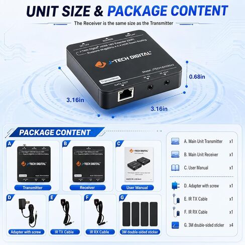 HDMI Extender 4K 60Hz Over Cat5e/6 Ethernet Cable Up to 230ft. Supports 4K Downscale HDMI Loop Out PoC HDR Bi-Directional IR by J-Tech Digital [JTECH-EX230V2] in Kuwait