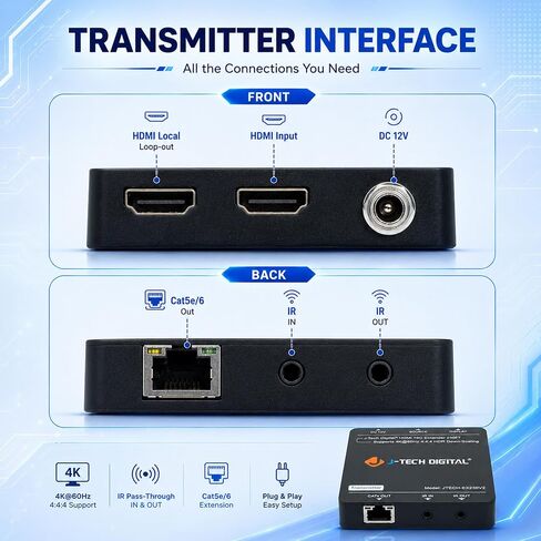 HDMI Extender 4K 60Hz Over Cat5e/6 Ethernet Cable Up to 230ft. Supports 4K Downscale HDMI Loop Out PoC HDR Bi-Directional IR by J-Tech Digital [JTECH-EX230V2] in Kuwait
