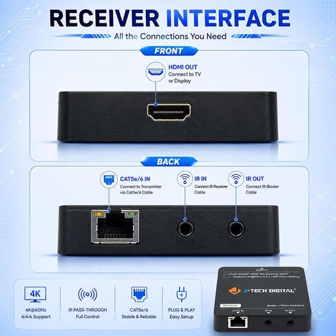 HDMI Extender 4K 60Hz Over Cat5e/6 Ethernet Cable Up to 230ft. Supports 4K Downscale HDMI Loop Out PoC HDR Bi-Directional IR by J-Tech Digital [JTECH-EX230V2] in Kuwait