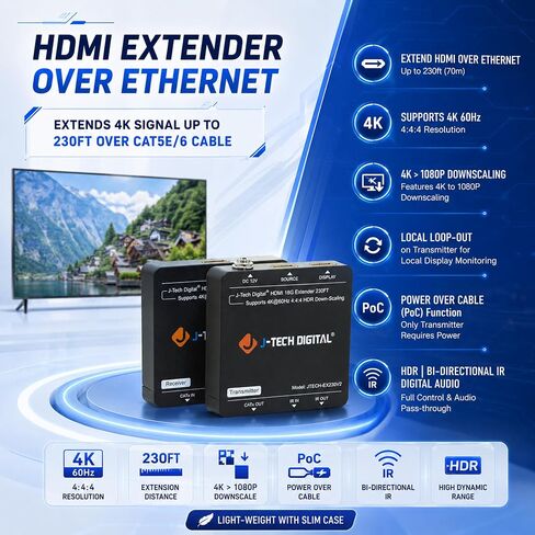HDMI Extender 4K 60Hz Over Cat5e/6 Ethernet Cable Up to 230ft. Supports 4K Downscale HDMI Loop Out PoC HDR Bi-Directional IR by J-Tech Digital [JTECH-EX230V2] in Kuwait