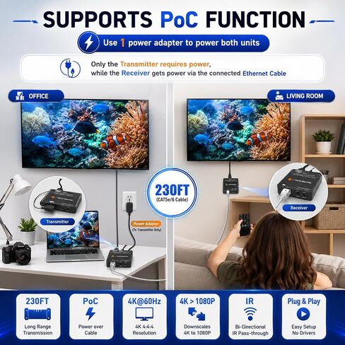 HDMI Extender 4K 60Hz Over Cat5e/6 Ethernet Cable Up to 230ft. Supports 4K Downscale HDMI Loop Out PoC HDR Bi-Directional IR by J-Tech Digital [JTECH-EX230V2] in Kuwait