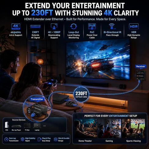 HDMI Extender 4K 60Hz Over Cat5e/6 Ethernet Cable Up to 230ft. Supports 4K Downscale HDMI Loop Out PoC HDR Bi-Directional IR by J-Tech Digital [JTECH-EX230V2] in Kuwait