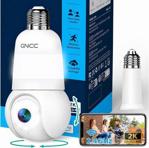 GNCC 2K Light Bulb Security Camera, 360° Outdoor Camera 2.4G WiFi (1-Pack) | Easy Screw-in Porch/yard Bulb socket, color night vision, Motion Detect, Built-in LED Bulb/Spotlight, SD/Cloud Storage in Saudi Arabia