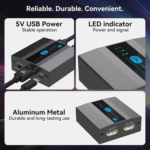 8K HDMI Splitter 1 in 2 Out 4k 120Hz HDMI 2.1 Splitter for Dual Monitors Support EDID Management HDCP 2.3 HDR 10 for Laptops PCs TV Boxes DVD Players PS5/PS4/PS3 in Saudi Arabia