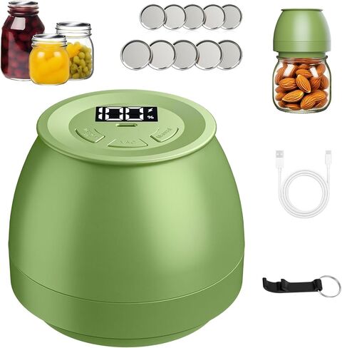 Electric Mason Jar Vacuum Sealer for Regular, Wide Mouth Jars, Green | Auto, VAC, Manual Modes, LED Display, Repeated Sealing Work, Food‑Grade Silicone Seal in Kuwait
