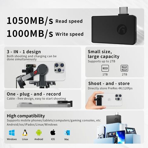 P30 3 in 1 Portable SSD, Supports ProRes/Microphone, with PD interface, Up to 1000MB/S, Compatible With iPhone 15/16 (pro max and above) And Android Phone, Designed Exclusively For The Profession in Saudi Arabia
