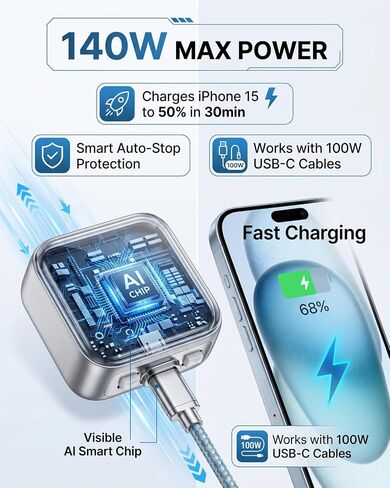 AUTO Unplug 140W USB C Charger, Smart Adapter Automatically Disconnects When Battery is Full, Physical Power Cut for Laptops, Tablets & Smartphones - Protects Battery Health in Saudi Arabia
