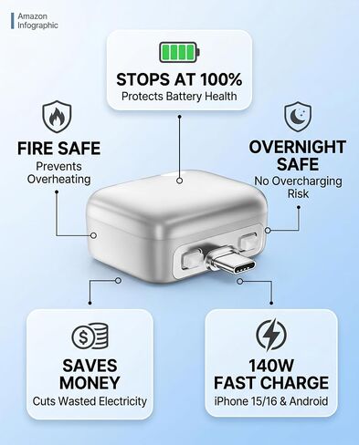 AUTO Unplug 140W USB C Charger, Smart Adapter Automatically Disconnects When Battery is Full, Physical Power Cut for Laptops, Tablets & Smartphones - Protects Battery Health in Saudi Arabia