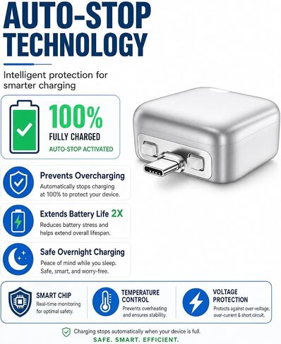 AUTO Unplug 140W USB C Charger, Smart Adapter Automatically Disconnects When Battery is Full, Physical Power Cut for Laptops, Tablets & Smartphones - Protects Battery Health in Saudi Arabia