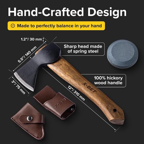 X-bet MAGNET 12" Hand-Forged Hatchet with Sheath and Sharpener - Camping Axe, Bushcraft and Survival Hatchet Spring Steel Blade - Small Axe Perfect for Wood Carving, Cutting, Splitting and Gardening in Kuwait