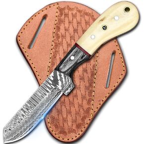 Cowboy Knives with Leather Sheath - 8" Sharp Handmade Damascus Bull Cutter Knife - EDC Fixed Blade Hunting Knife for Skinning, Camping, Bushcrafting and Outdoor Activities, white in Kuwait