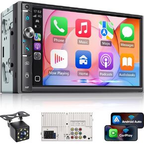 7" Double Din Car Stereo with Wireless Apple CarPlay & Android Auto, Bluetooth, 240W Output, SWC, Dual Subwoofer Support, Mirror Link, FM/AM Radio Receiver, USB-C/AUX/TF Ports,Backup Camera in Saudi Arabia