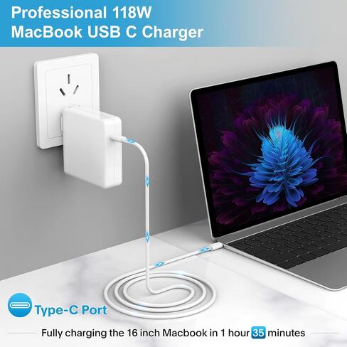 Mac Book Pro Charger-118W USB C Fast Charger Power Adapter Compatible with MacBook Pro/MacBook Air 16 15 14 13 Inch, M1 M2 M3 M4 M5, New iPad Pro and All USB C Device, 6.6ft Charge Cable in Kuwait