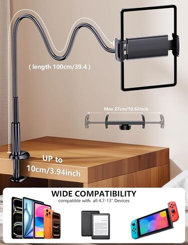 Gooseneck Flexible Arm Tablet Stand, Fit Kindle Holder for Bed | [Reinforced Anti-Break Base] [Fully Adjustable] iPad Kindle Mount Compatible with Switch, Galaxy Tab & 4.7-13" Device in Kuwait