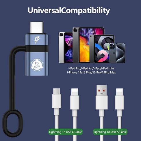Light-ning to USB C Adapter, PD60W Fast Charging and Data USB C to i-OS Female Adapter, Compatible with Phone 15/15 Plus/15 Pro Max, Does not Support Headphone and OTG Functions, Gray in Saudi Arabia