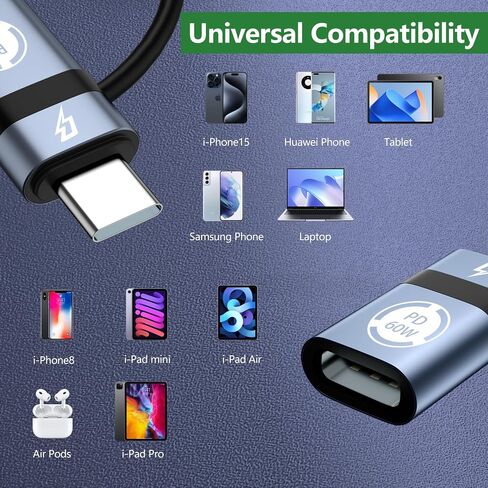 Light-ning to USB C Adapter, PD60W Fast Charging and Data USB C to i-OS Female Adapter, Compatible with Phone 15/15 Plus/15 Pro Max, Does not Support Headphone and OTG Functions, Gray in Saudi Arabia