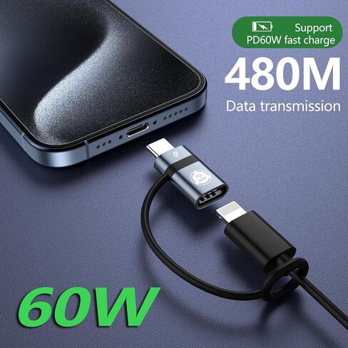 Light-ning to USB C Adapter, PD60W Fast Charging and Data USB C to i-OS Female Adapter, Compatible with Phone 15/15 Plus/15 Pro Max, Does not Support Headphone and OTG Functions, Gray in Saudi Arabia
