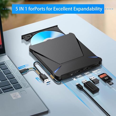 Haiway 5 in 1 External Blu ray Drive, Support 100G Disc R/W, USB3.0 Type-C Bluray Drive BD DVD CD Burner with 2 USB Ports, SD/TF Card Slot Compatible with Windows XP/7/8/10/11 Mac Laptop Desktop in Saudi Arabia