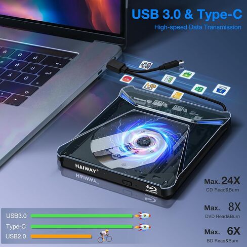 Haiway 5 in 1 External Blu ray Drive, Support 100G Disc R/W, USB3.0 Type-C Bluray Drive BD DVD CD Burner with 2 USB Ports, SD/TF Card Slot Compatible with Windows XP/7/8/10/11 Mac Laptop Desktop in Saudi Arabia