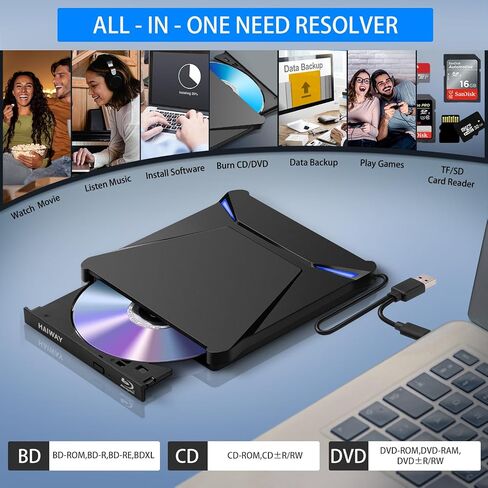 Haiway 5 in 1 External Blu ray Drive, Support 100G Disc R/W, USB3.0 Type-C Bluray Drive BD DVD CD Burner with 2 USB Ports, SD/TF Card Slot Compatible with Windows XP/7/8/10/11 Mac Laptop Desktop in Saudi Arabia