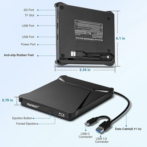 Haiway 5 in 1 External Blu ray Drive, Support 100G Disc R/W, USB3.0 Type-C Bluray Drive BD DVD CD Burner with 2 USB Ports, SD/TF Card Slot Compatible with Windows XP/7/8/10/11 Mac Laptop Desktop in Saudi Arabia