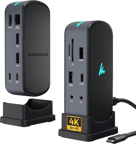 محطة إرساء Wozoyo من النوع C 14 في 1، PD 100W، 2X4K@60 هرتز HDMI، 4K DisplayPort، 2XType-C 10 جيجابت في الثانية، USB 10 جيجابت في الثانية، جيجابت إيثرنت، منفذ AUX، متوافق مع Thunderbolt 4، macOS، Windows، Android وiOS in Kuwait