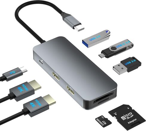 Docking Station Dual Monitor for Dell/HP/Lenovo/Mac Laptop, USB C Laptop Docking Station Dual Monitor, Dual HDMI Adapter for 2 Monitors, 8 in 1 USB C Hub Multiport Adapter with HDMI/USB/PD/SD/TF in Saudi Arabia