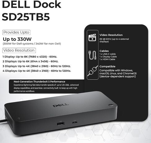 Dell Pro Thunderbolt 5 Smart Dock SD25TB5 300W Power Delivery Includes Anyhdd Display Port Cable + Anyhdd HDMI Cable + C to C Cable + Cleaning Cloth + Supports Up to Four 4K 60Hz Displays in Saudi Arabia