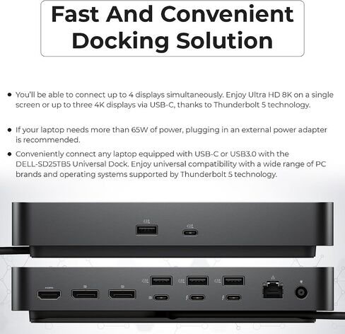 Dell Pro Thunderbolt 5 Smart Dock SD25TB5 300W Power Delivery Includes Anyhdd Display Port Cable + Anyhdd HDMI Cable + C to C Cable + Cleaning Cloth + Supports Up to Four 4K 60Hz Displays in Saudi Arabia