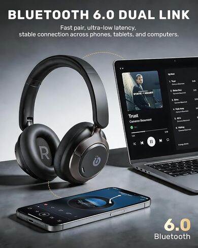 Boean Active Noise Cancelling Headphones, Bluetooth 6.0 Wireless Over Ear Headphones with 120H Playtime, 360° Spatial Audio & 5 ENC Mics, Soft Memory Foam, Transparency Mode for Office Travel Gaming in Kuwait