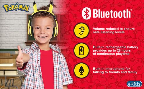 eKids Pokemon Kids Bluetooth Headphones, Wireless Headphones with Microphone Includes Aux Cord, Volume Reduced Kids Foldable Headphones for School, Home, or Travel,Yellow | Volume Reduced and Built-in Microphone in Saudi Arabia