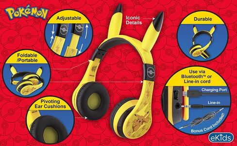 eKids Pokemon Kids Bluetooth Headphones, Wireless Headphones with Microphone Includes Aux Cord, Volume Reduced Kids Foldable Headphones for School, Home, or Travel,Yellow | Volume Reduced and Built-in Microphone in Saudi Arabia