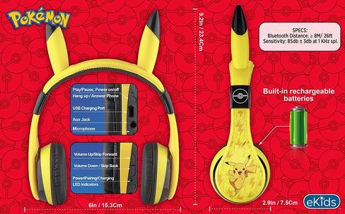 eKids Pokemon Kids Bluetooth Headphones, Wireless Headphones with Microphone Includes Aux Cord, Volume Reduced Kids Foldable Headphones for School, Home, or Travel,Yellow | Volume Reduced and Built-in Microphone in Saudi Arabia