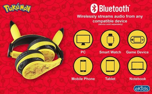 eKids Pokemon Kids Bluetooth Headphones, Wireless Headphones with Microphone Includes Aux Cord, Volume Reduced Kids Foldable Headphones for School, Home, or Travel,Yellow | Volume Reduced and Built-in Microphone in Saudi Arabia