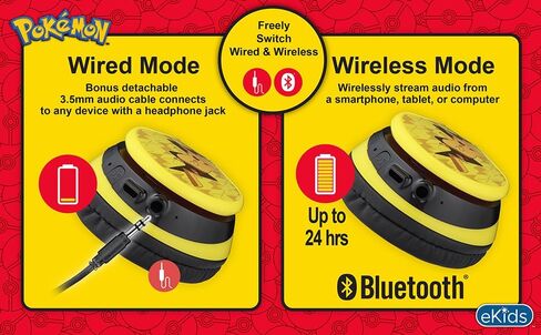 eKids Pokemon Kids Bluetooth Headphones, Wireless Headphones with Microphone Includes Aux Cord, Volume Reduced Kids Foldable Headphones for School, Home, or Travel,Yellow | Volume Reduced and Built-in Microphone in Saudi Arabia