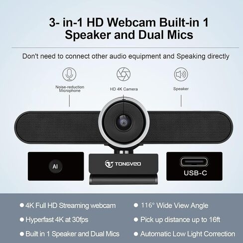 TONGVEO 4K Webcam Conference Call Room Web Camera with Dual Microphones &Speaker, | All-in-One USB Video Camera, 116° Wide Angle, AI Auto Framing | Compatible with Zoom, OBS in Saudi Arabia