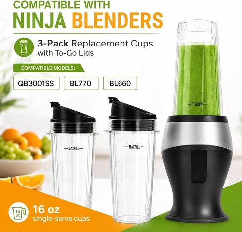 16 oz Ninja Blender Cups Replacement, 3 Pack Cups with Lids, Compatible with QB3001SS, BL660, BL770, BL780, BL740, BL810, 4-Tab Nutri Ninja Blender Cups in Saudi Arabia