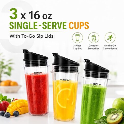 16 oz Ninja Blender Cups Replacement, 3 Pack Cups with Lids, Compatible with QB3001SS, BL660, BL770, BL780, BL740, BL810, 4-Tab Nutri Ninja Blender Cups in Saudi Arabia