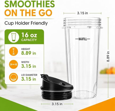 16 oz Ninja Blender Cups Replacement, 3 Pack Cups with Lids, Compatible with QB3001SS, BL660, BL770, BL780, BL740, BL810, 4-Tab Nutri Ninja Blender Cups in Saudi Arabia