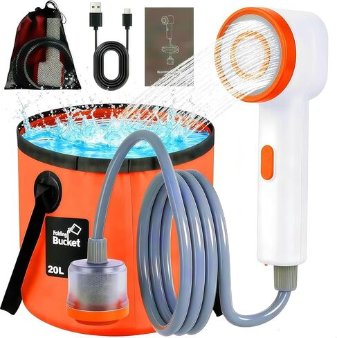 Rechargeable Filtered Shower Head with Built-in Water Pump, Portable Camping Shower with Foldable Bucket & LED Light for Car Wash Pet Bathing Outdoor Travel in Saudi Arabia