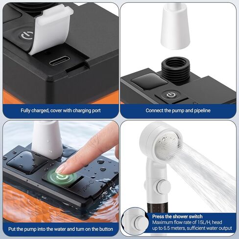 Portable camping shower, 6000mAh rechargeable shower, high-pressure shower, with intelligent LED display, four spray modes, IPX7 waterproof outdoor camping pump, suitable for hiking, cars, pets in Saudi Arabia